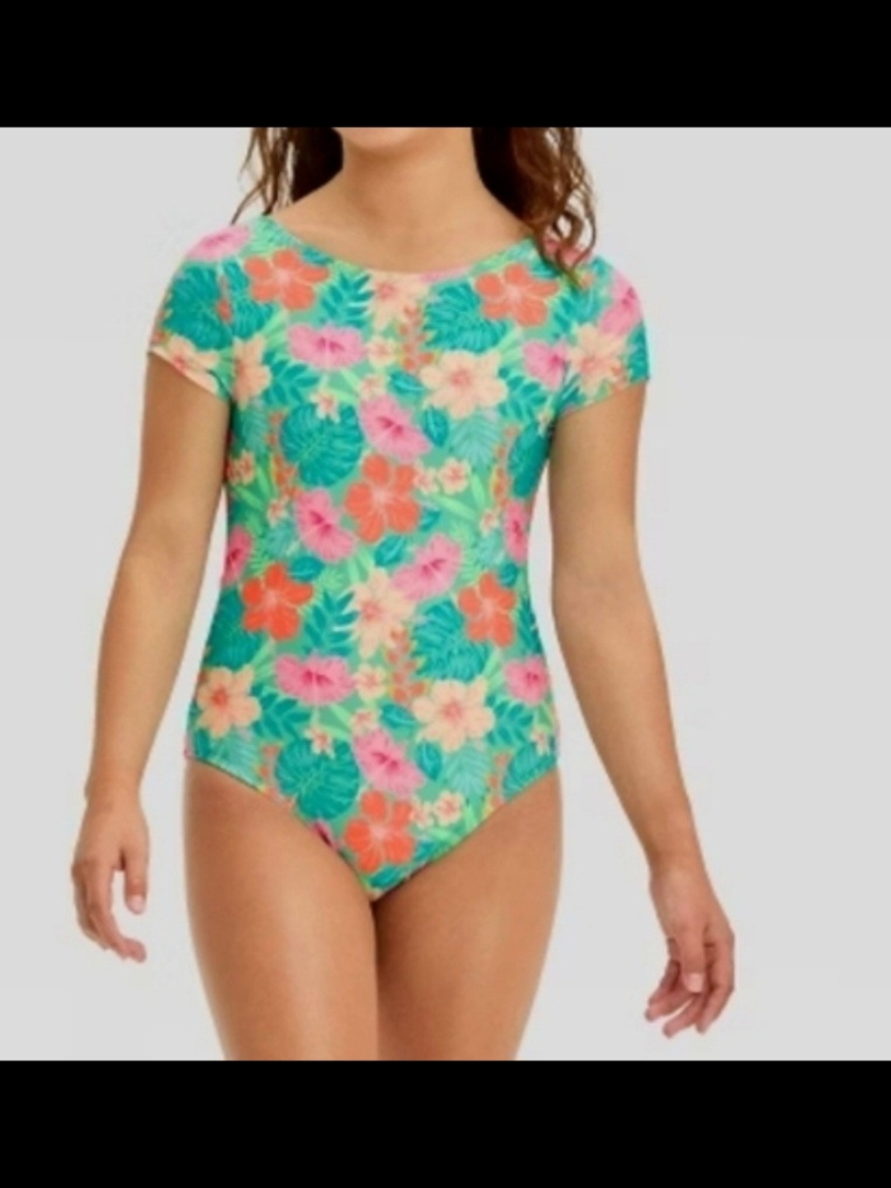 Art class Girls' Tropical Floral One-Piece Swimsuit in Green, Pink, Coral Size M